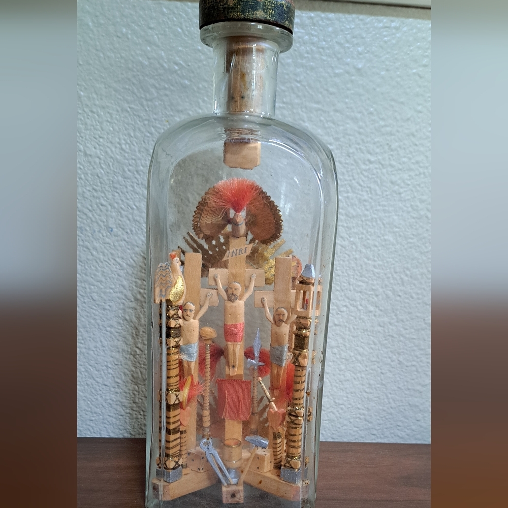 Antique Folk Art Bottle WimsyJesus Hand Cravered  Bottle Art